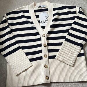 Zara Navy and Cream Striped Button-Front Cardigan!